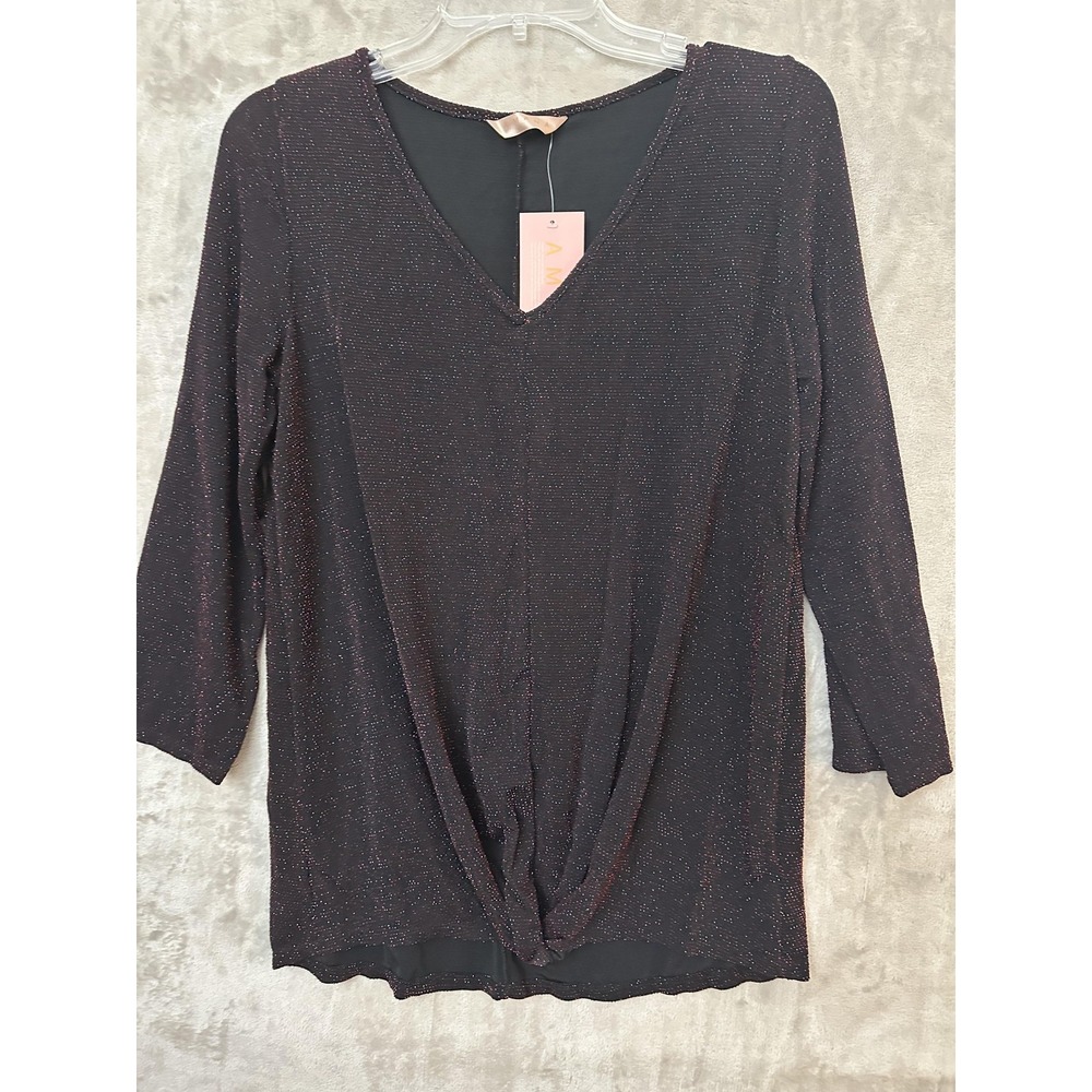 Amana Tunic Top Womens Large Black Red Metallic Twist Front Long Sleeve Party